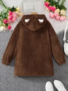 SHEIN Tween 女童粉色耳朵宽松领蝴蝶结黑色可爱冬季夹克 - 咖啡棕 - 查看 2
