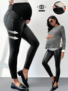 MaterniWear Maternity Solid Color Adjustable Waist PU Leather Leggings Maternity Leggings Pregnancy Pants Black Leggings For Women Pregnancy Clothing Leggings With Pockets  Black Pants  Black Pants Maternity Pants Pregnancy Leggings Maternity Clothes Pregnant Outfits Pregnancy Clothes Maternity Biker Short - Black - View 1