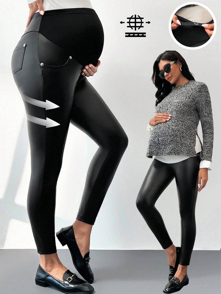 MaterniWear Maternity Solid Color Adjustable Waist PU Leather Leggings Maternity Leggings Pregnancy Pants Black Leggings For Women Pregnancy Clothing Leggings With Pockets  Black Pants  Black Pants Maternity Pants Pregnancy Leggings Maternity Clothes Pregnant Outfits Pregnancy Clothes Maternity Biker Short - Black - View 1