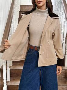 LanaWest Women's Khaki & Dark Brown Velvet Patchwork Collared Button-Up Long Sleeve Blouse With Pearl Decor, Casual Countryside Vacation, Thanksgiving & Halloween Vintage Vibe, Versatile Lightweight Jacket For Fall - Khaki - View 8