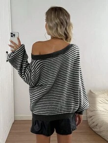 SHEIN LUNE 女士休闲宽松条纹不对称肩长袖毛衣，秋冬 - 黑色 - 查看 2