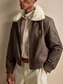 AKNOTIC Business Casual Men's Vintage Metal Decor Furry Collar Jacket, Autumn/Winter, Grunge, Christmas