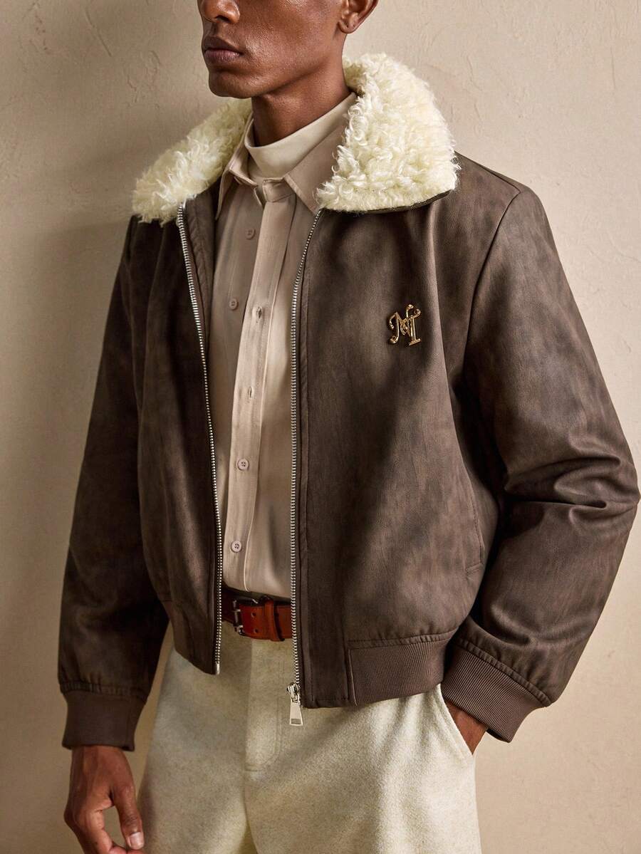 AKNOTIC Business Casual Men's Vintage Metal Decor Furry Collar Jacket, Autumn/Winter, Grunge, Christmas