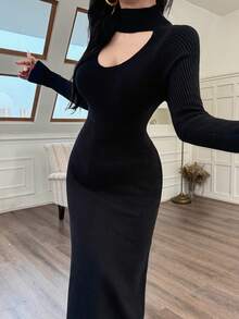 Modelyn Vestido de punto con cuello alto, decoración de encaje y diseño caladounicolordo, para otoño e invierno, ropa de mujer - Negro - Ver 4