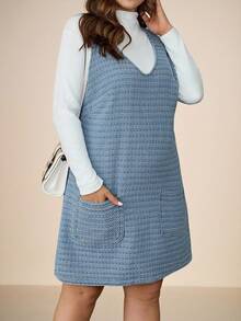 SHEIN Tall CURVE 大码秋冬万圣节圣诞节新年商务休闲乡村复古朴素老钱日常穿着时尚蓝色牛仔迷你连衣裙女式 A 字形设计带口袋百搭无袖 - 藍色 - 查看 3