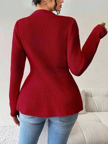 Elenzga Áo khoác cardigan dáng ôm cổ chữ V đơn hàng thường ngày cỡ lớn cho nữ, màu trơn, thích hợp mặc khi đi làm hàng ngày, mùa thu/đông - Đỏ - Xem 2