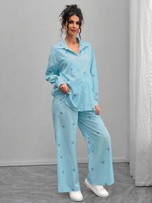 Momance Elegant Casual Butterfly Print Pink Long Cardigan Maternity Set - Blue - View 5