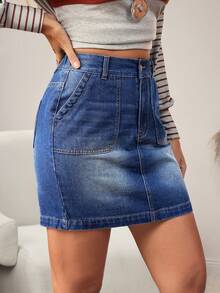 SHEIN LUNE Women's High Waist Pocketed Casual Denim Pencil Skirt - Blue - View 4