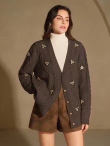 Anewsta 女士时尚蜜蜂刺绣长袖针织开衫，适合圣诞节、新年、派对、优雅、奢华、正式、别致 - 咖啡棕 - 查看 7