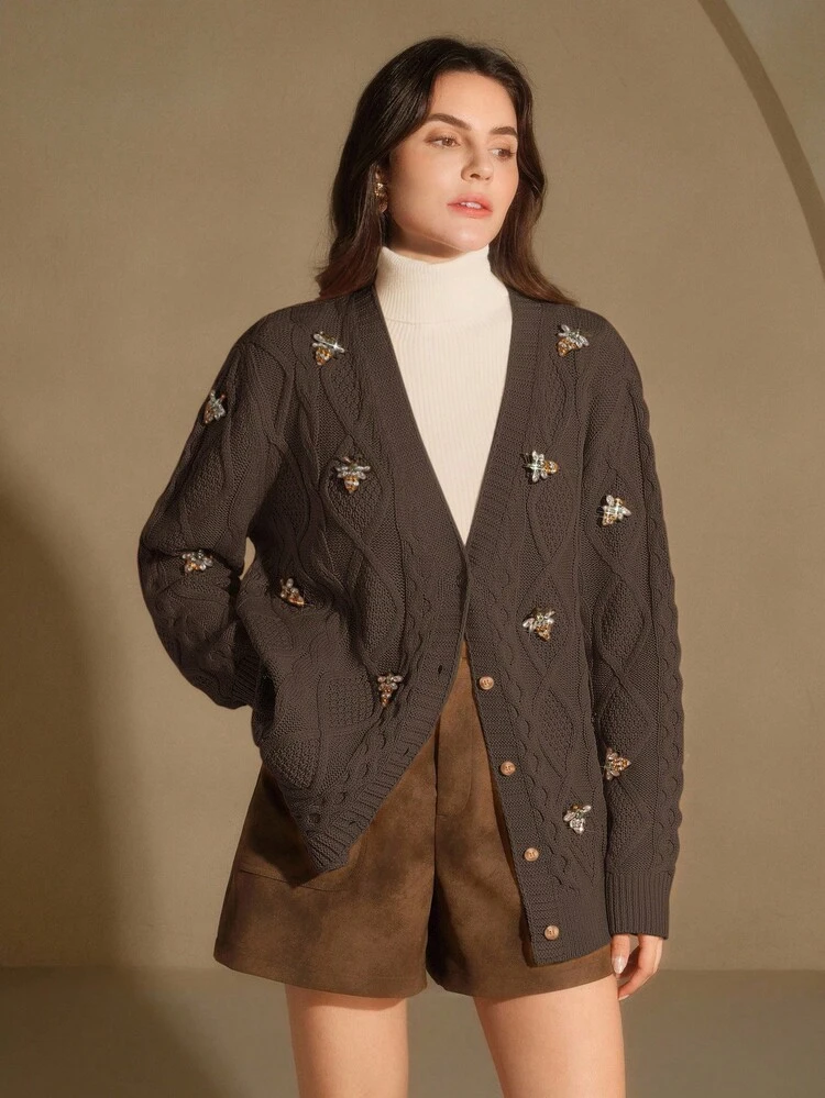 Women's Fashionable Bee Embroidered Long Sleeve Knitted Cardigan, Suitable For Christmas, New Year, Party, Elegant, Luxury, Formal, Chic