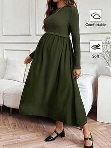 SHEIN Đầm bầu tay dài cổ tròn màu trơn thường ngày - xanh quân đội - Xem 4