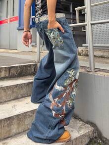 ROMWE MEN Grunge Punk 男士花卉刺绣图案宽腿宽松牛仔裤