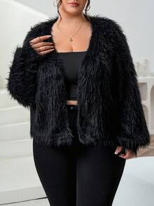 SHEIN CURVE+ Plus Size Women's Black Off-Shoulder Front Placket Fluffy Irregularly Cut Sweater Cardigan Autumn Winter Clothes For Women