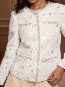 Lilora 女士优雅仿珍珠装饰闪亮设计通勤夹克粗花呢夹克女白色开衫女士冬季女装高端、精致、优雅 - 白色 - 查看 5