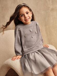 SHEIN Váy gia đình ôm vừa vặn màu xám cho bé gái, họa tiết lưới sequin hoa, thiết kế cổ tròn tay dài, mùa thu/đông - Xám - Xem 7