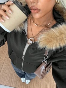 Attitoon 女士休闲宽松前开连帽长袖毛领运动衫，适合秋冬季，保暖内衬，复古 - 黑色 - 查看 4