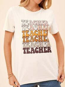 Coeurva Teacher Print Casual Minimalist Round Neck Short Sleeve Fitted Women T-Shirt, Suitable For Summer, Teacher's Day, Cotton Blend Pullover - Apricot - View 2