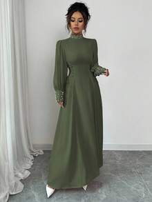 Elenzga 女士优雅简约高领中长连衣裙，适合办公室、通勤、度假、海滩、下午茶、派对、复古风格、教师、纯色、撞色、珍珠装饰、侧系腰带、喇叭灯笼袖、珍珠袖口饰边、A 字廓形、春/秋/冬 - 軍綠色 - 查看 3