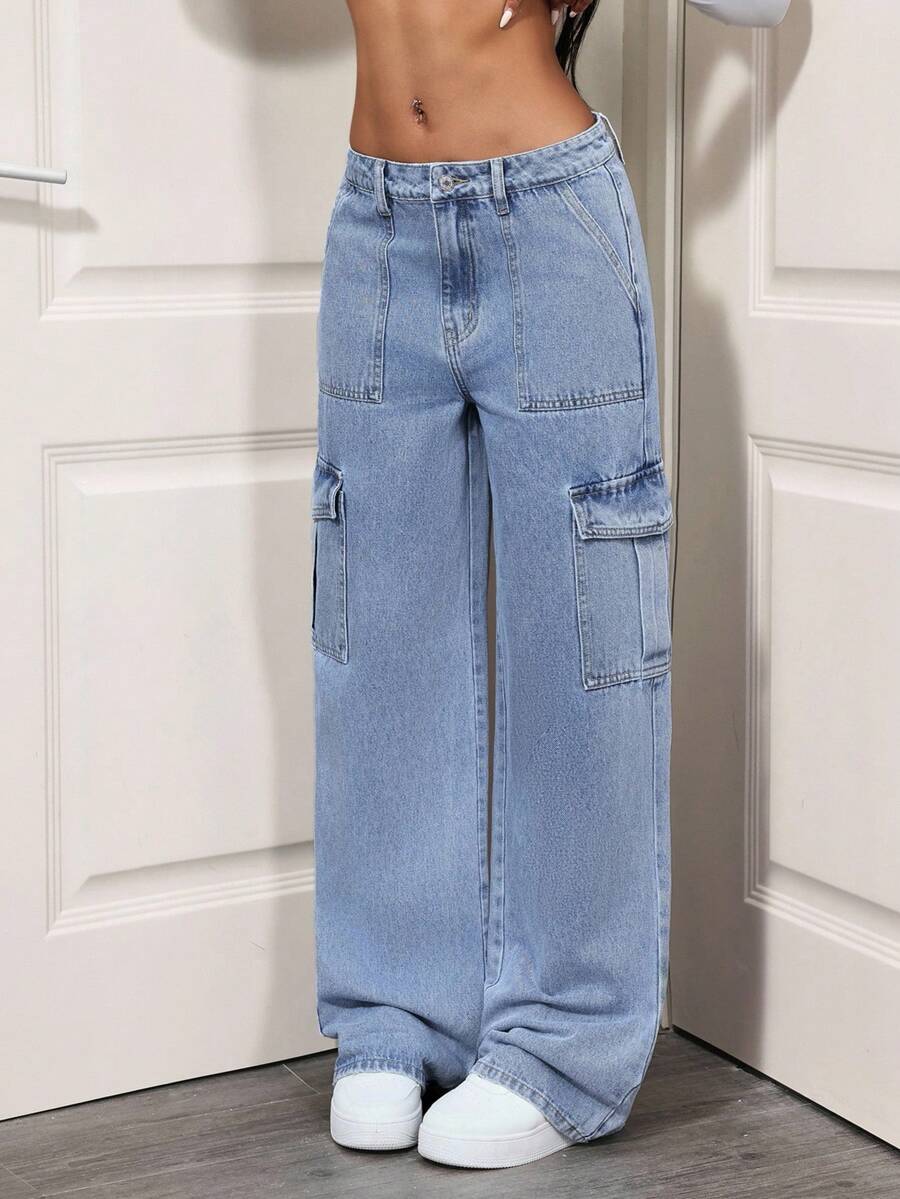 SHEIN Tall 女士时尚休闲百搭直筒工装牛仔裤 - 淺色水洗藍 - 查看 1