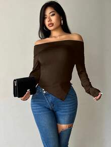SHEIN Glamour 女士优雅通勤纯色露肩不对称下摆上衣 - 咖啡棕 - 查看 1