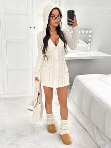 SHEIN EZwear 女士休闲前拉链连帽长款开衫，适合秋冬季 - 白色 - 查看 7