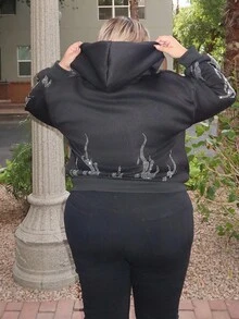 Enliva 大码前拉链长袖水钻火焰印花连帽运动衫，休闲日常穿着 - 黑色 - 查看 2