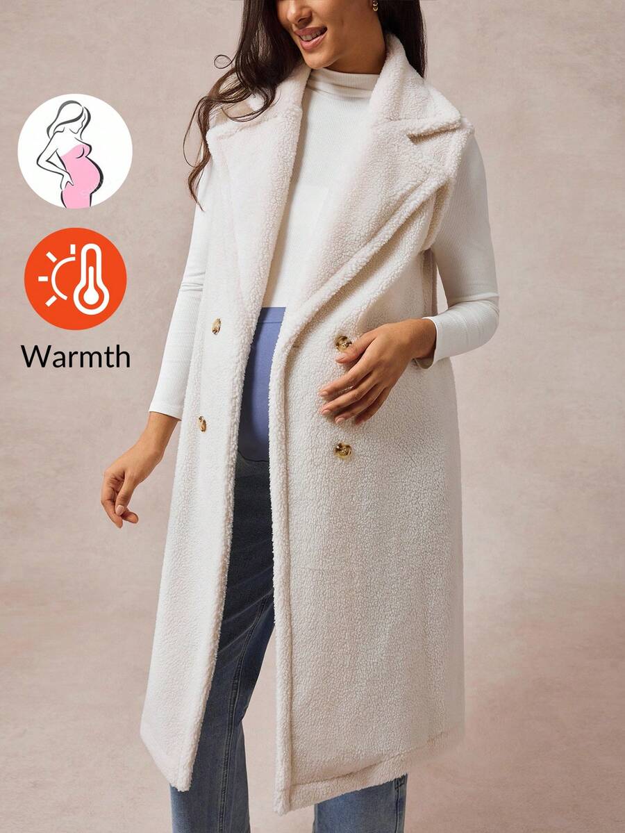 Boho Mama Maternity Solid Color Lapel Collar Double-Breasted Casual Sleeveless Jacket, Autumn/Winter,Vintage - Apricot - View 1