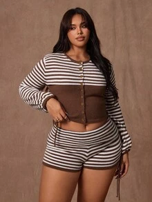 Rustia Plus Size Colorblock Striped Cropped Cardigan And Shorts Set, Autumn/Winter - Brown - View 5