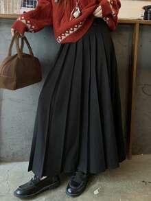 FRIFUL Chân váy xếp ly màu trơn dáng dài ngang gối dành cho nữ, kiểu dáng thường ngày. - màu đen - Xem 3
