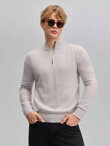 OFFICEAU Men's Casual Solid Color Stand Collar Zip-Up Sweater, Versatile & Minimalist - Light Grey - View 1