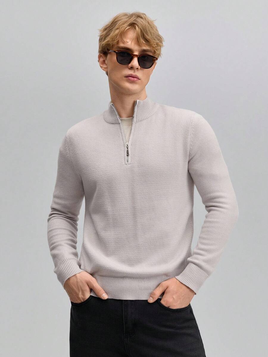 OFFICEAU Men's Casual Solid Color Stand Collar Zip-Up Sweater, Versatile & Minimalist - Light Grey - View 1