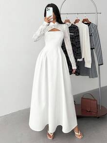 Teen Girl New Year Elegant Minimalist Refined Commuting Everyday New Year Chinese Collar Lace Splicing Puff Sleeve Side Pleated A-Line White Midi Dress For Girl,Tea Party Dress,White Graduation Dress, White Long-Sleeved Dress White Formal Dress White Lace Sleeve Dress White Maxi Dress White Elegant Dress