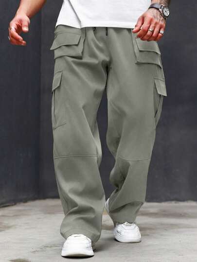 Manfinity Homme 男士加大码纯色抽绳工装裤，带口袋，休闲风格，秋季