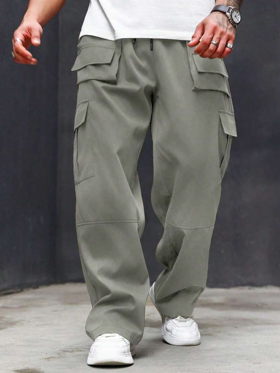 Manfinity Homme Men Plus Size Solid Color Drawstring Cargo Pants With Pocket, Casual Style, Fall - Light Grey - View 1