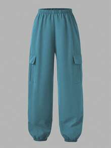 SHEIN Sparklyn مجموعة بنطلون وتي شيرت للبنات المراهقات، تي شيرت بطبعة بورتريه وياقة دائرية وأكمام قصيرة، وبنطلون بجيوب واسع الساق، ملابس عصرية للاستخدام اليومي والخروج - الأزرق - مشاهدة 5