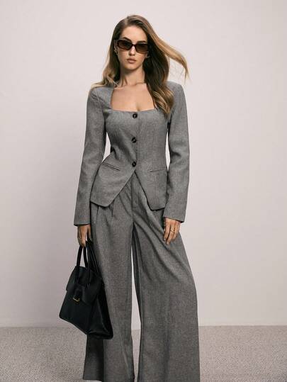 ATUI Studio Women's Single-Breasted Blazer Jacket For Autumn/Winter, Unique Collar Design, Versatile For Commute & Casual Wear, Gray Suit Jacket, Christmas Outfit For Women,New Year Look,Party Outfit ,Thanksgiving Outfits, Effortless Chic Essential, Casual Versatile Business Wear, Old Money Aesthetic, Minimalism Essential, Avant-Garde Suit