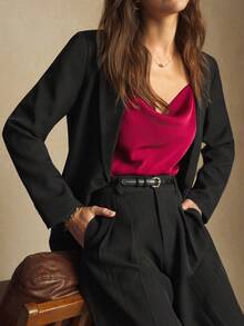 BizChic 2025 Autumn/Winter New Black Notched Collar Single-Breasted Pleated Waist Culottes Suit Jacket, Women Elegant Urban Commuter Daily Casual Romantic 90s Christmas New Year Outfit, Thanksgiving Party Beach Graduation Fashion Versatile Suitable For Wedding Guest, Host, Date, Party, Concert, Brunch, Airport