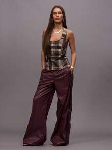 MUSERA 格纹深V露背系带吊带上衣，适合秋冬季夜间外出、街头风、可爱性感优雅的春夏装扮 - 棕色 - 查看 4