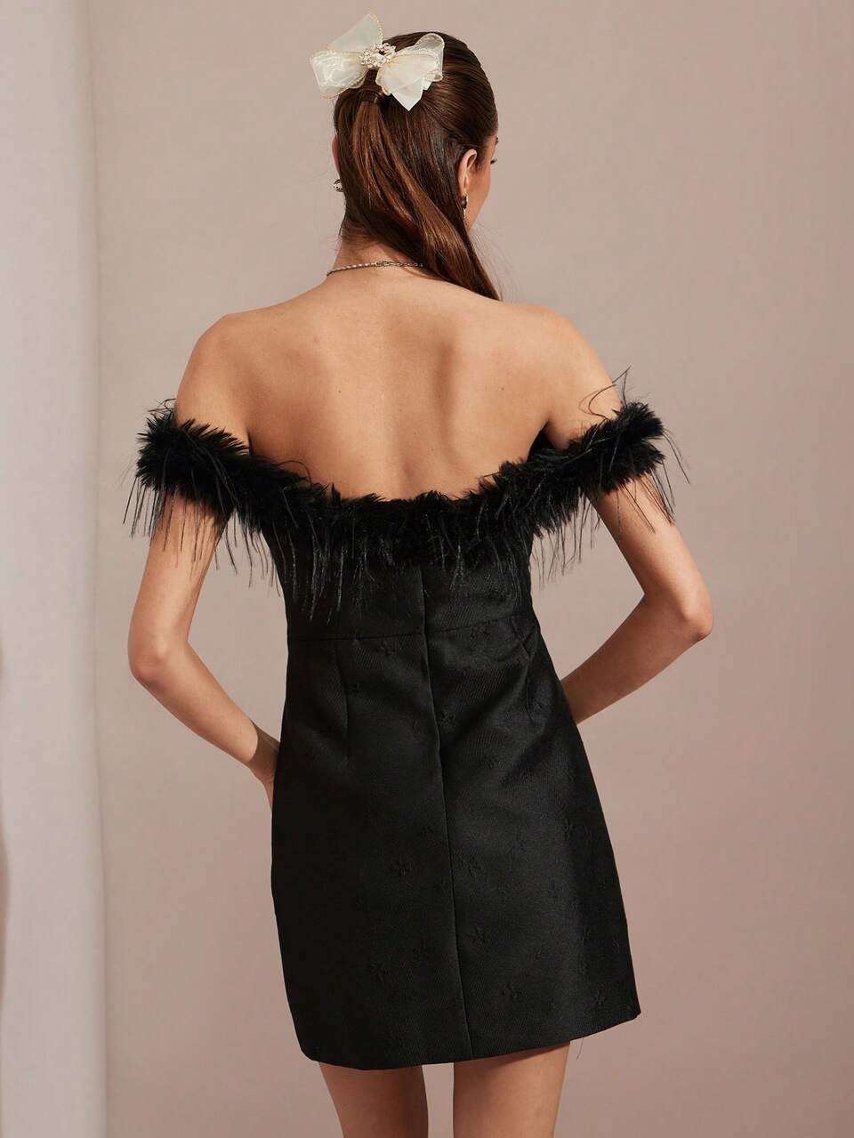 Enchnt Women's Black Summer Elegant Birthday Party Mini Dress,Jacquard Fur Patchwork Sparkle Rhinestone Off Shoulder Princess Dress,Chic&Elegant