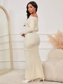 Glamine Nuovo abito in maglia con spalle scoperte e design con spacco laterale per donne - Albicocca - Visualizzare 5