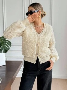 SHEIN Frenchy Cardigan élégant de couleur unie à fleurs 3D pour femmes, automne/hiver - Nude - View 6