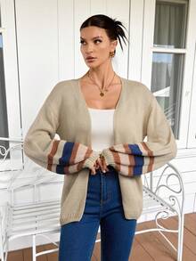 SHEIN Tall Women Casual Color-Block Striped Cardigan Thanksgiving Winter , Autumn/Winter, Daily Wear, Tall Women - Apricot - View 11