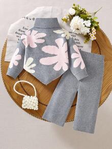 SHEIN 2 piezas Conjunto de suéter de cuello alto de punto con estampado floral amarillo y pantalones anchos de punto para bebé niña, suave y cómodo, adecuado para uso diario, salidas, viajes, vacaciones, hogar, guardería y juego de bebé niña. Ropa de invierno para bebé niña. Conjunto de 2 piezas de ropa de invierno para bebé niña. Ropa de otoño-invierno para bebé niña. Conjunto de primavera para bebé niña. - Multicolor - Ver 3