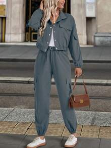 EMERY ROSE 2pcs/Set Women Solid Color Casual Long Sleeve Top And Loose Pants Suit - Dusty Blue - View 4