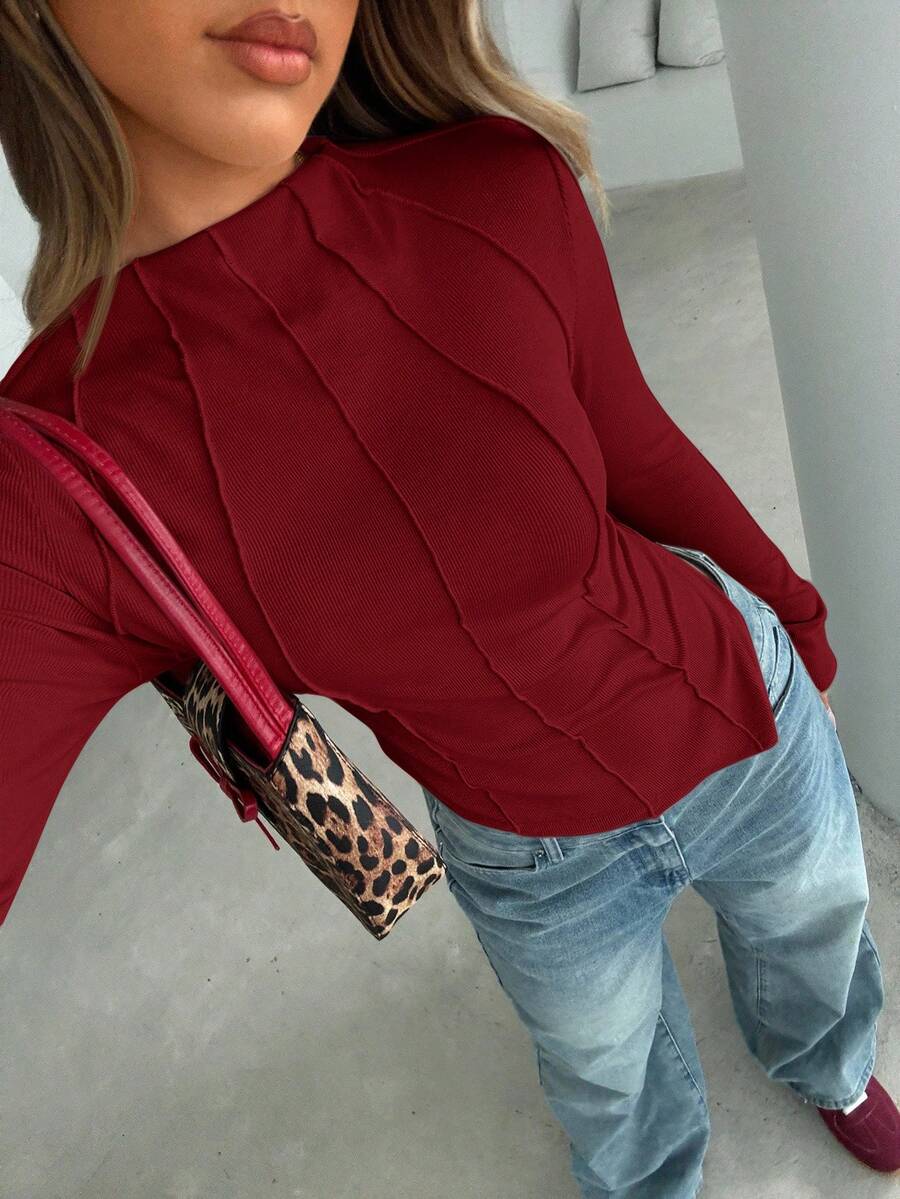 Siren Gaze Women's Round Neck Long Sleeve T-Shirt Christmas Winter New Year Red Burgundy Casual Spring Valentine's Day - Burgundy - View 1