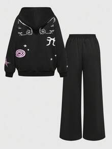 ROMWE 2 件套女士可爱甜美女孩星星蝴蝶结翅膀宽松运动衫和运动裤套装