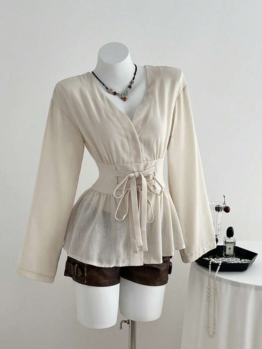 Elamini Women's Solid Color Waist Tie Long Sleeve Ruffle Hem Fashion Blouse