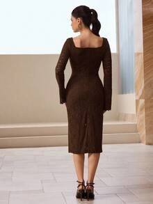 Modelyn 棕色V领蕾丝长袖优雅时尚鸡尾酒会连衣裙 - 棕色 - 查看 3