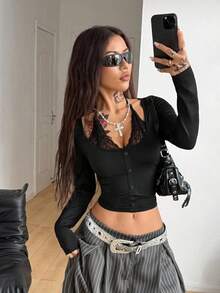 Coolane Damen Winter/Herbst Festival Lässig Vintage Gyaru Y2K Schulanfang Kontrast Spitze 2in1 Langarm Shirts - Schwarz - Übersicht 5