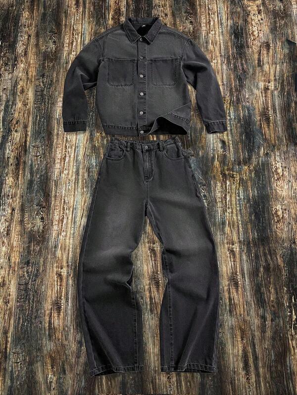 2 Stück Mode Teenager Jungen Lässig Y2k Vintage Cool Straße Rückkehr zur Schule College Basis Einfach Grau Denim Kragen Langarm Jacke und Loose Jeans für Kinderbekleidung Teenager Jungen Kostüm Alltagskleidung und Kinder Winter und Herbst Rave Outfits Festival und Outfits Streetwear Kleidung